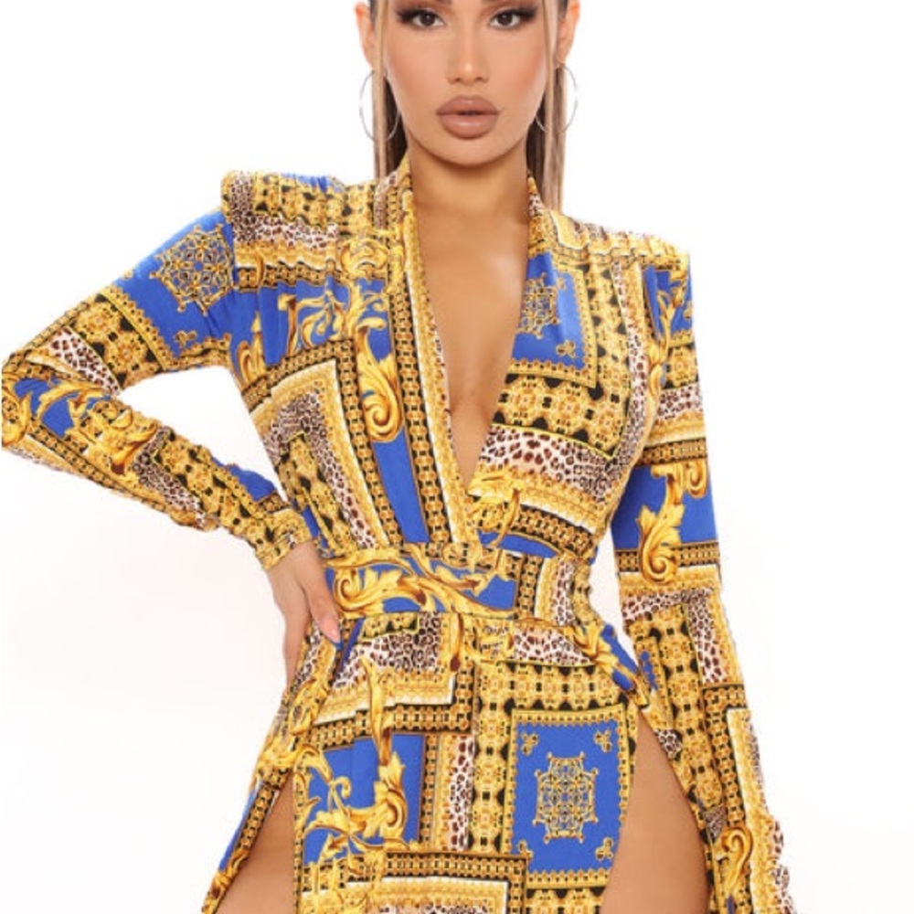 Fashion Nova Blue and Gold Patterned Maxi Dress - Picture 5 of 13